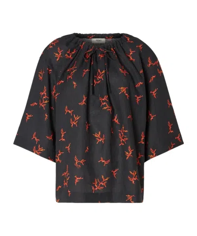 Fendi Coral Printed Drawstring Neckline Shirt In Black