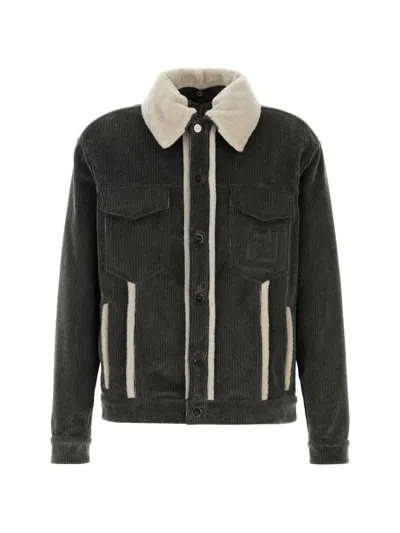 Fendi Faded Stonewash Treatment Corduroy Blouson With Sheepskin Trim Removable Collar In Black