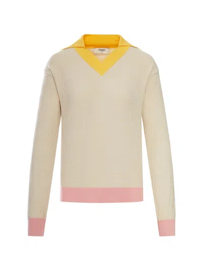 Fendi Knitwear Long Sleeves V Neck Contrasting Collar In Neutral