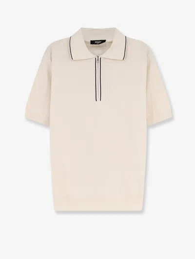 Fendi Cotton And Silk Polo Shirt With Ff Embroidery In Neutral