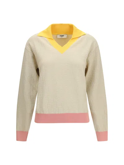 Fendi Knitwear Long Sleeves V Neck Contrasting Collar In Neutral
