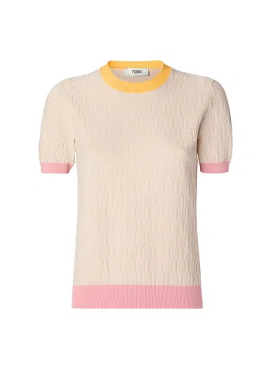 Fendi Cotton And Silk Sweater With Ff Motif And Ribbed Edges In Ecru