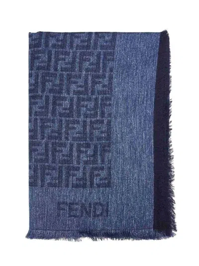Fendi Cotton And Wool Ff Scarf In Blue