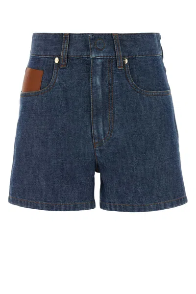 Fendi Leather-patch Denim Bermuda Shorts In Blue