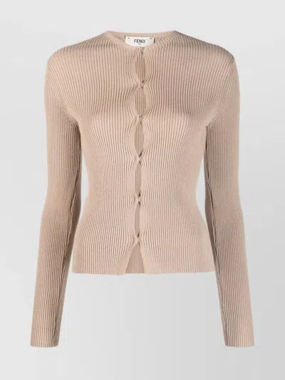 Fendi Ribbed-knit Cotton-blend Cardigan In Brown