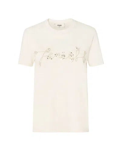 Fendi Beige Cotton And Linen T-shirt With Logo In Neutral