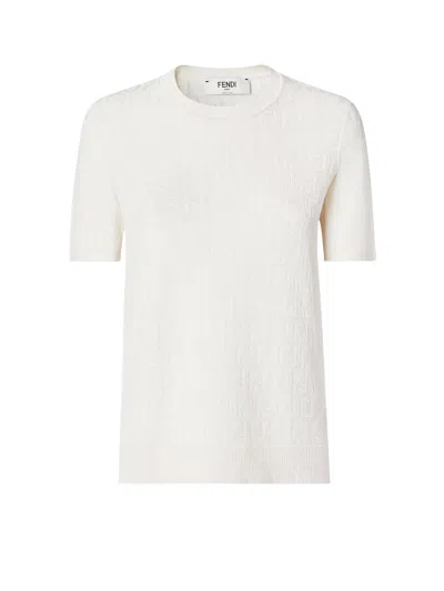 Fendi Cotton Blend T-shirt With All-over Ff Logo In Neutral