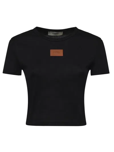 Fendi Cotton Crewneck Logo Top With Ribbed Knit And Leather Patch In Black