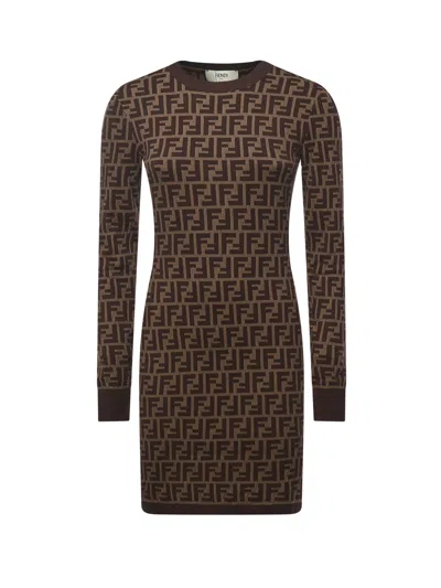 Fendi Cotton Dress With All-over Logo Print In Brown