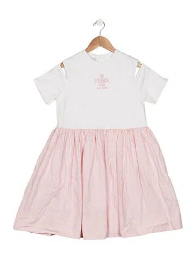Pre-owned Fendi Kids' Cotton Embroidered Short Sleeve Dress In Pink/white