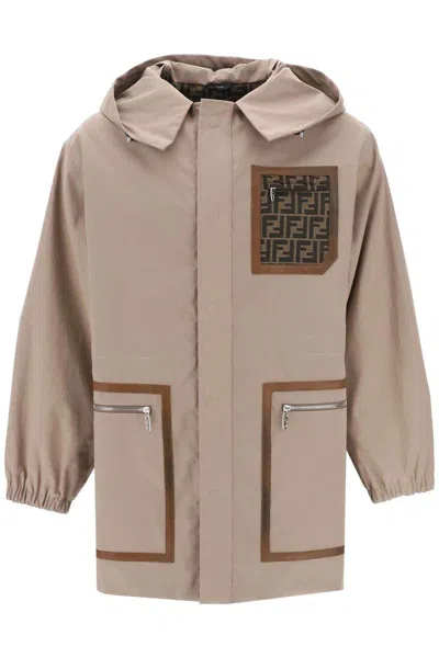 Fendi Logo Detailed Hooded Parka Jacket In Beige