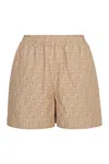 Fendi Women Beige Shorts With Elastic Waist And Wide Leg In Chambray Ff Woman In Nude