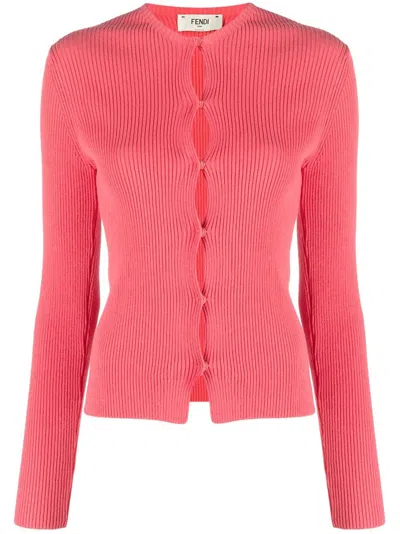 Fendi Ribbed Texture Long Sleeves Round Neck In Pink