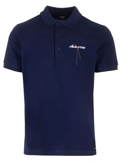Fendi Made In  Embroidered Polo Shirt In Blue