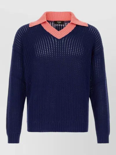 Fendi Cotton Polo Shirt Long Sleeves V Neck In Blue