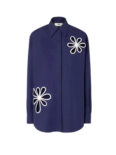 Fendi Poplin Shirt With Cut-out Details In Blue