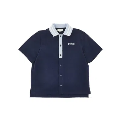 Fendi Cotton Seersucker Shirt With Logo Kids In Blue