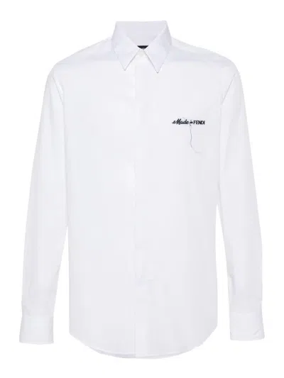 Fendi Slogan-embroidered Cotton Shirt In White