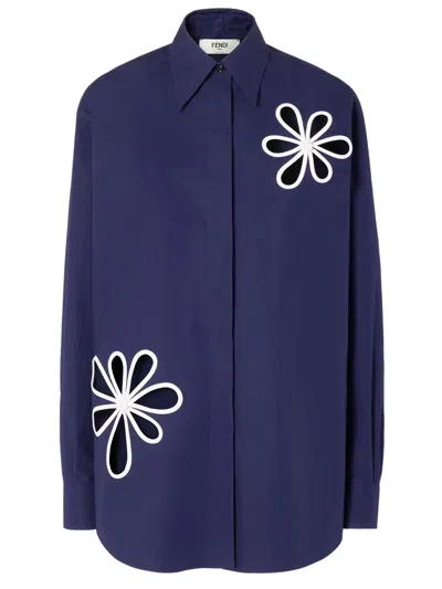 Fendi Cotton Shirt With Rounded Side Slits And Embroidered Logo Cuff In Purple