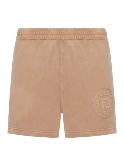 Fendi Cotton Shorts With  Roma Logo In Brown