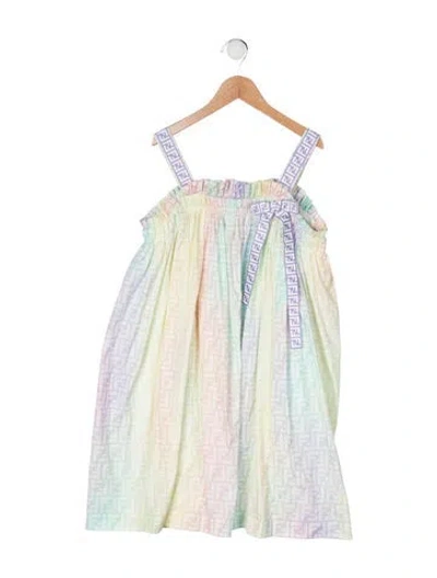 Pre-owned Fendi Kids' Cotton Sleeveless Ff Logo Print Dress In Green/yellow