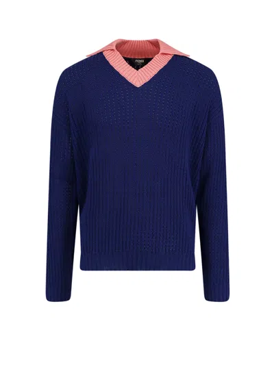 Fendi Cotton Sweater With Contrasting Collar In Blue