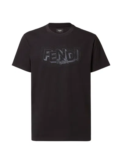 Fendi Men Cotton T-shirt With Print In Black