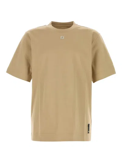 Fendi Crew Neck Cotton T-shirt With Side Zip In Brown