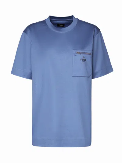 Fendi Cotton T-shirt With Zip Pocket In Denim