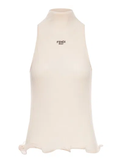 Fendi Cotton Top Finished With Ruffles In White