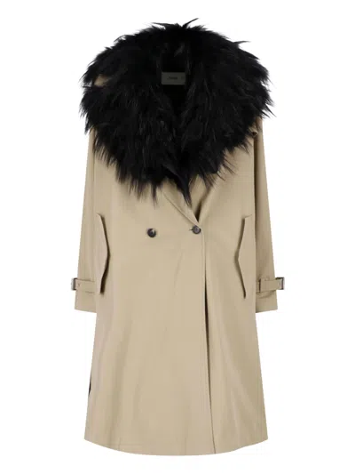 Fendi Cotton Trench Coat With Fur In Beige