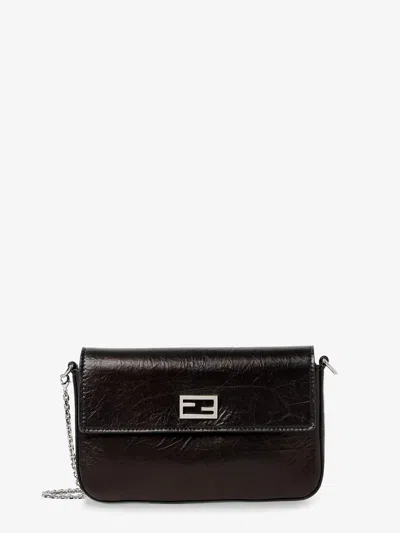 Fendi Crackled Leather Wallet On Chain Tube Crossbody Bag In Black