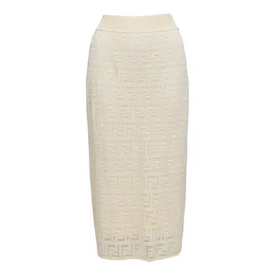 Pre-owned Fendi Cream Beige Cotton Blend Ff Zucca Monogram Knit Pencil Skirtit It42 M In White