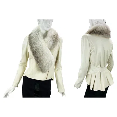 Pre-owned Fendi Cream Leather Fox Fur Collar Peplum Style Jacket Italian 44 In White