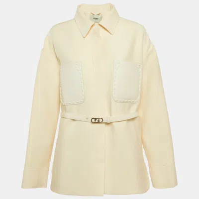 Pre-owned Fendi Cream Leather Pocket Wool Belted Shirt L In White