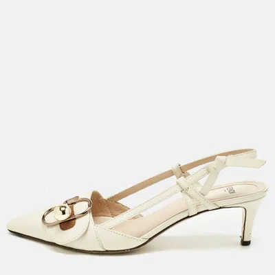 Pre-owned Fendi Cream Leather Pointed Toe Slingback Pump Size 39 In White
