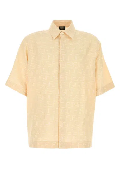 Fendi Men Jacquard Linen And Cotton Shirt With All-over Ff Embroidery In Neutral