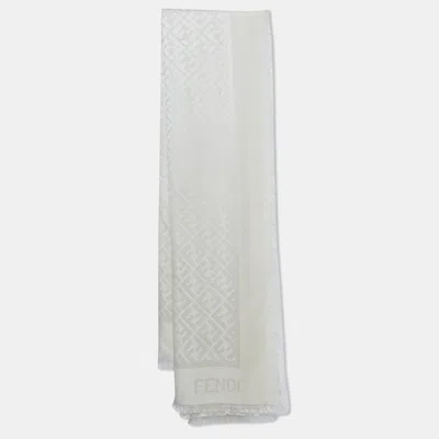 Pre-owned Fendi Cream Monogram Jacquard Silk Shawl In White