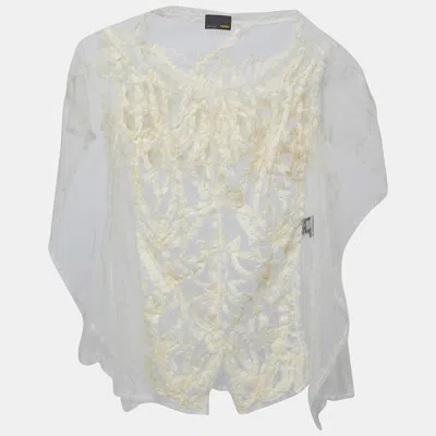 Pre-owned Fendi Cream Patterned Tulle Cape Sleeve Top M