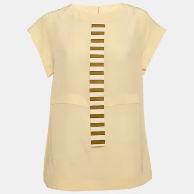 Pre-owned Fendi Cream Silk Faux Tie Detail Top M In White
