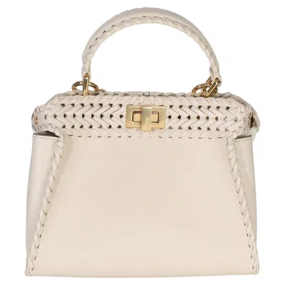 Pre-owned Fendi Cream Vitello King Interlace Mini Peekaboo Iconic Satchel In White