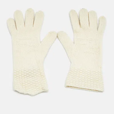 Pre-owned Fendi Cream Wool Knit Gloves S In White