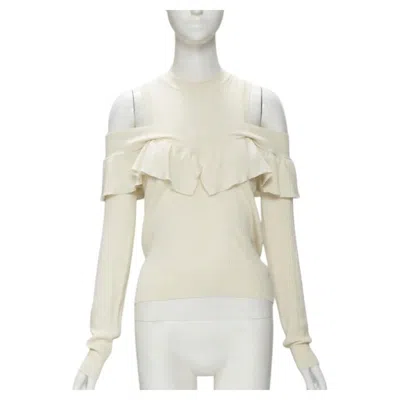 Pre-owned Fendi Cream Wool Silk Cashmere Cold Shoulder Ruffle Knit Sweater It44 M In White