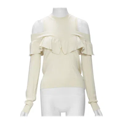 Pre-owned Fendi Cream Wool Silk Cashmere Cold Shoulder Ruffle Knit Sweater It44 M In White