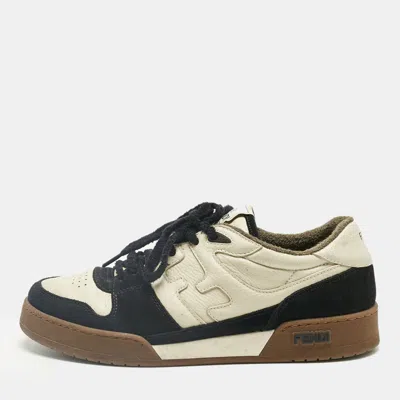 Pre-owned Fendi Cream/black Leather And Suede Low Top Sneakers Size 43 In White
