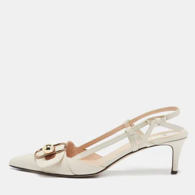 Pre-owned Fendi Cream/brown Leather Buckle Strap Slingback Pumps Size 41