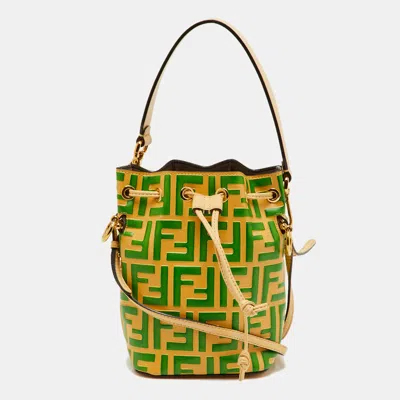 Pre-owned Fendi Cream/green Zucca Embossed Leather Mini Mon Tresor Bucket Bag In Yellow