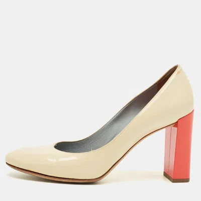 Pre-owned Fendi Cream/orange Patent Leather Eloise Round Toe Pumps Size 40 In White