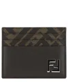 Fendi Brown Card-holder With Squared Ff Motif In Leather And Ff Canvas Man In Brown