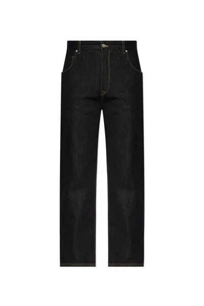 Fendi Crest Embroidered Straight-leg Long Jeans In Blue